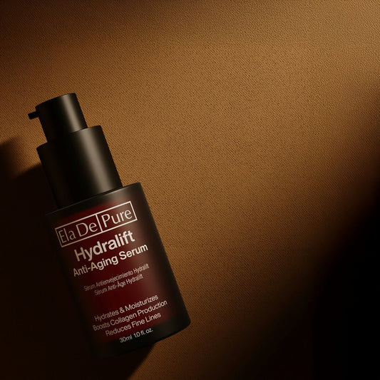 Hydralift anti-aging serum is shown on a dark background.