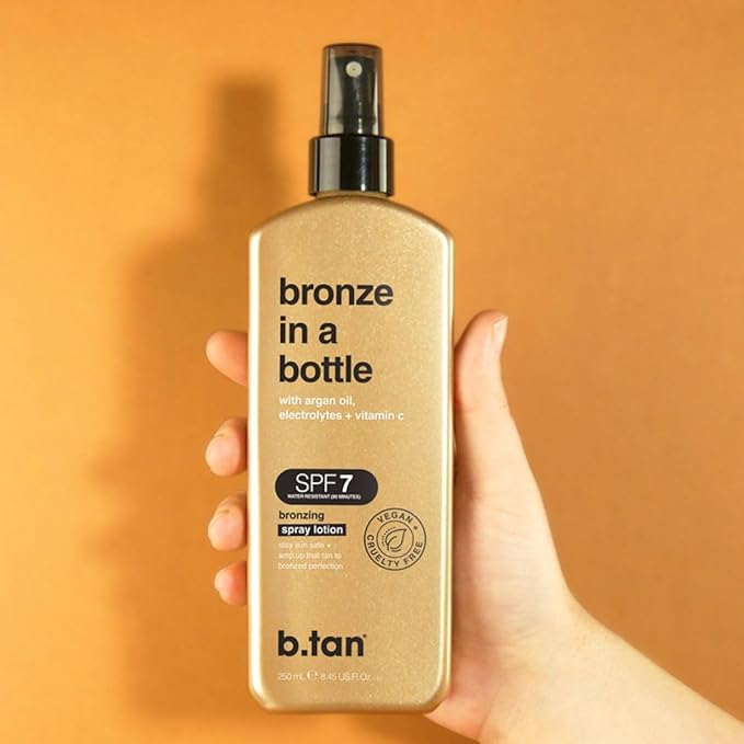 b.tan SPF 7 Sun Tanning Lotion Spray | Bronze In a Bottle - Outdoor Bronzing Spray Lotion, Packed with Argan Oil, Electrolytes, & Vitamin C, Vegan Friendly, Austrailian Brand, 8.45 Fl Oz