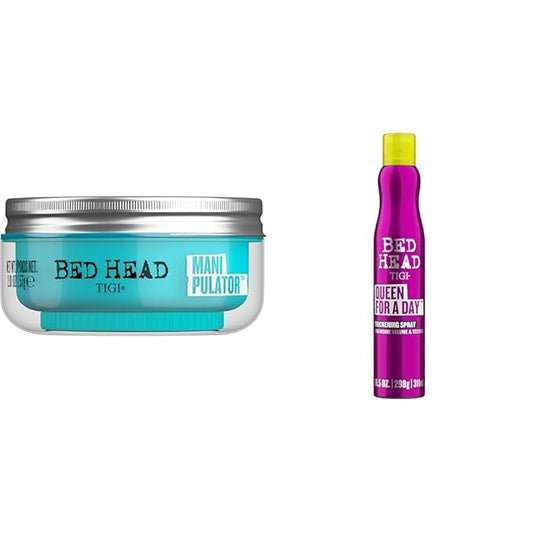 TIGI Bed Head Manipulator texturizing Putty with Firm Hold 2.01 oz & Bed Head Queen For A Day Thickening Spray for Fine Hair 10.5 oz