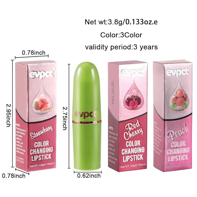 evpct 3Pcs Magic Color Changing Lipstick Long Lasting Waterproof 24 Hours Original for Women, Peach Strawberry Black Red Cherry Pink PH Mood Permanent Color Changing Lipstick Lip Balm, labial magico
