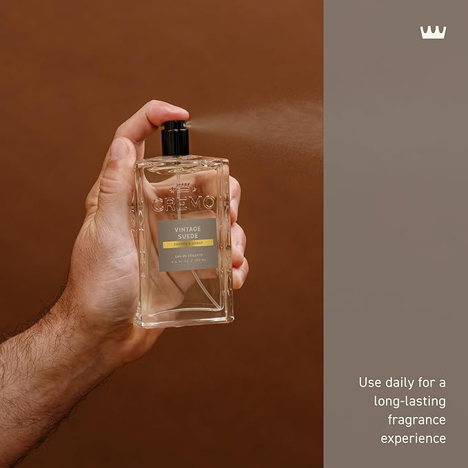 Cremo Cologne for Men - Vintage Suede Mens Cologne Spray- A Combination of White Moss, Rich Amber, and Smooth Suede, Fragrances For Men, 3.4 Fl Oz