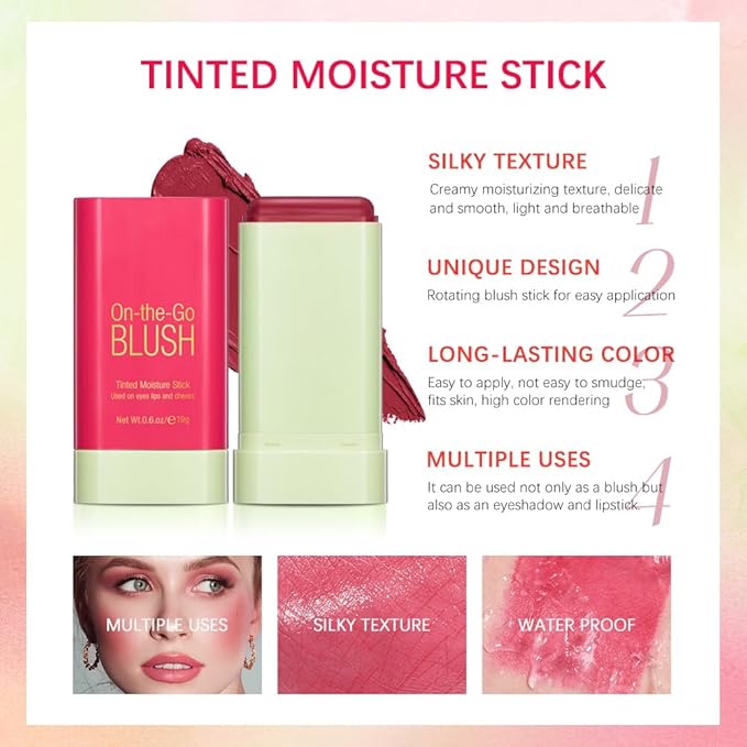 Soft Creamy Blush Stick,On-the-Go Blush,2-in-1 Cheek and Lip