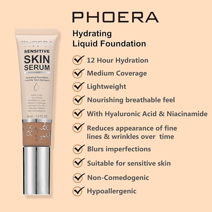 PHOERA Hydrating Serum Foundation,Flawless Soft Full Coverage Hypoallergenic
