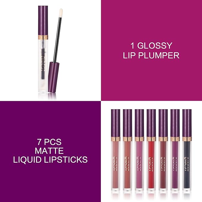 QiBest 7Pcs Matte Liquid Lipstick wiith 1Pc Lip Plumper Makeup Set, Dark Black Purple Lipstick Goth Halloween Lip Set Waterproof Lip Gloss Kit Pigmented Long Lasting Lipstick Makeup for Women & Girls