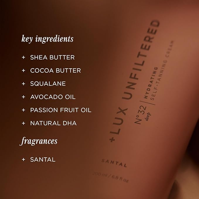 '+ Lux Unfiltered N°32 DEEP Gradual Self Tanning Cream in Santal, Hydrating Self Tanning Lotion, Gluten Free, Vegan + Cruelty Free Self Tanner, Luxurious Sunless Tanner Loaded with Antioxidants