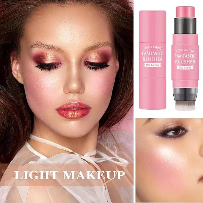 Waterproof Multi Cream Blush Stick with brush,Lightweight,Long-lasting,Easy To Tea Pink)