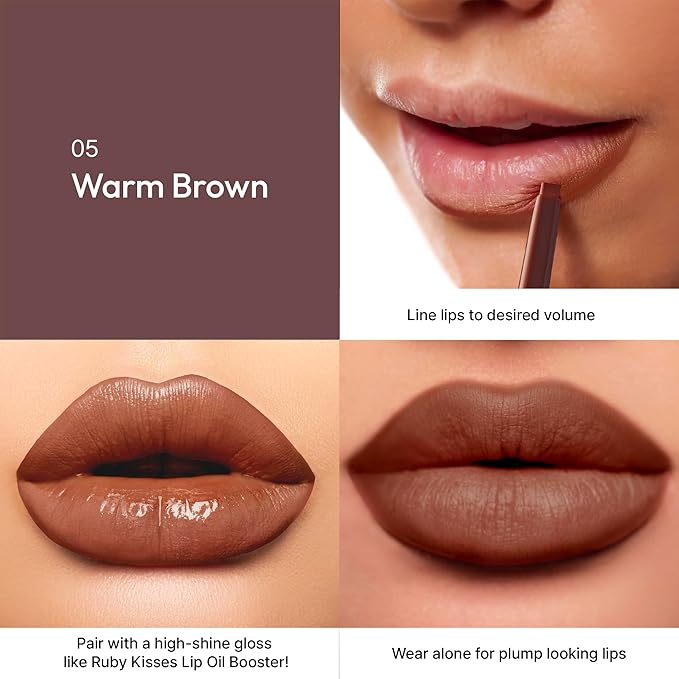 Ruby Kisses Plumping Effect Lip Liner, Semi Matte, Smudge Proof, High Pigment, Medium to Full Coverage Makeup, Precise Tip, Bold Color Lip Plumper