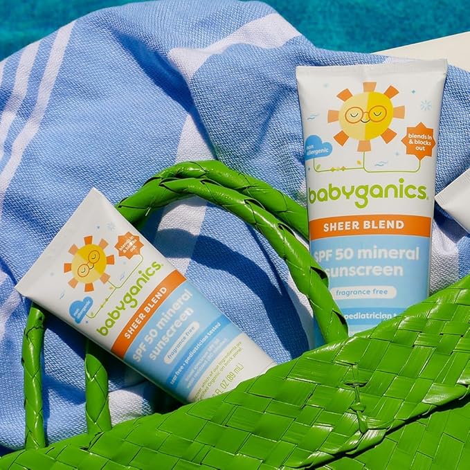 Babyganics SPF 50 Mineral Sunscreen Lotion, Sheer Blend, UVA UVB Protection, Octinoxate & Oxybenzone Free, Water Resistant, Fragrance Free, 8 oz