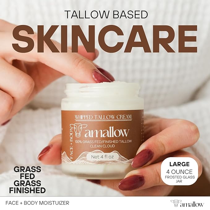 100% Grass Fed Beef Tallow for Skin Care - Face + Body - Whipped Moisturizer - Natural Lotion, 4 FL. oz. (Clean Cloud)