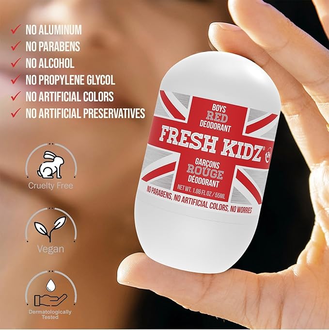 Fresh Kidz Roll On Deodorant for Kids and Teens - Baking Soda and Aluminum-free 24 Hour Protection for Sensitive Skin - Boys "Red" 1.86 fl.oz. (3 Pack)