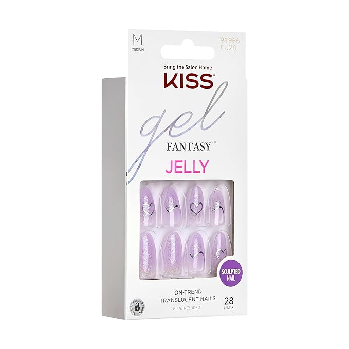 KISS Gel Fantasy, Press-On Nails, Nail glue included, 'One Day Jelly', Light Purple, Medium Size, Almond Shape, Includes 28 Nails, 2G Glue, 1 Manicure Stick, 1 Mini File