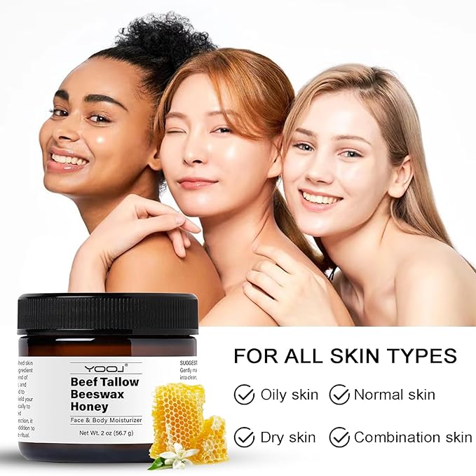 Beef Tallow and Honey Face Moisturizer for Face & Body - Organic Beef Tallow Moisturizer with Tallow and Beeswax & Honey, Beef Tallow for Skin Intensive Hydration - Vitamins(B1, A, D E & K) 2oz