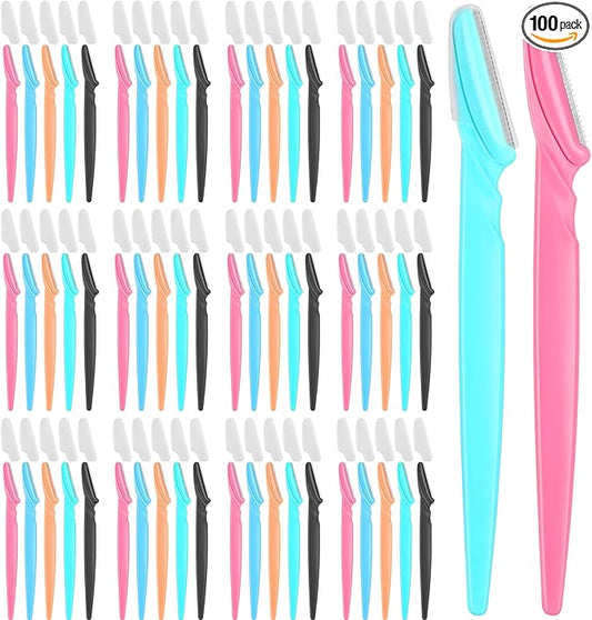 100 Pcs Eyebrow and Face Razors for Women and Men, Multi-Color Hair Trimmers with Protective Covers, Safe and Newbie-Friendly