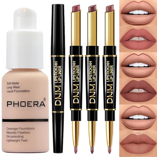 PHOERA Foundation Full Coverage,3Pcs Lip Liner and Lipstick Porcelain+Lip SetA)