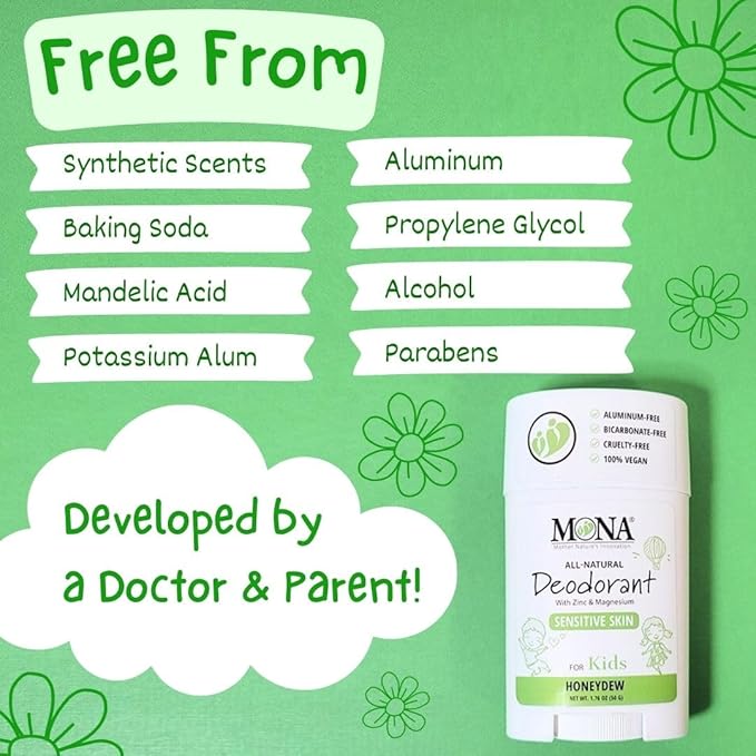 MONA All Natural Deodorant for Kids | Safe for Kids | Vegan, Hypoallergenic & Free from Baking Soda, Aluminum & Synthetic Scents (3-PK HONEYDEW 1.76 Oz each)