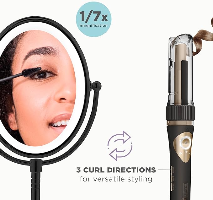 Conair Limited Edition Bundle | INFINITIPRO by CONAIR Curl Secret Automatic Curling Iron in 3/4-inch Barrel - and - Conair Lighted Makeup Mirror | Black | Amazon Exclusive