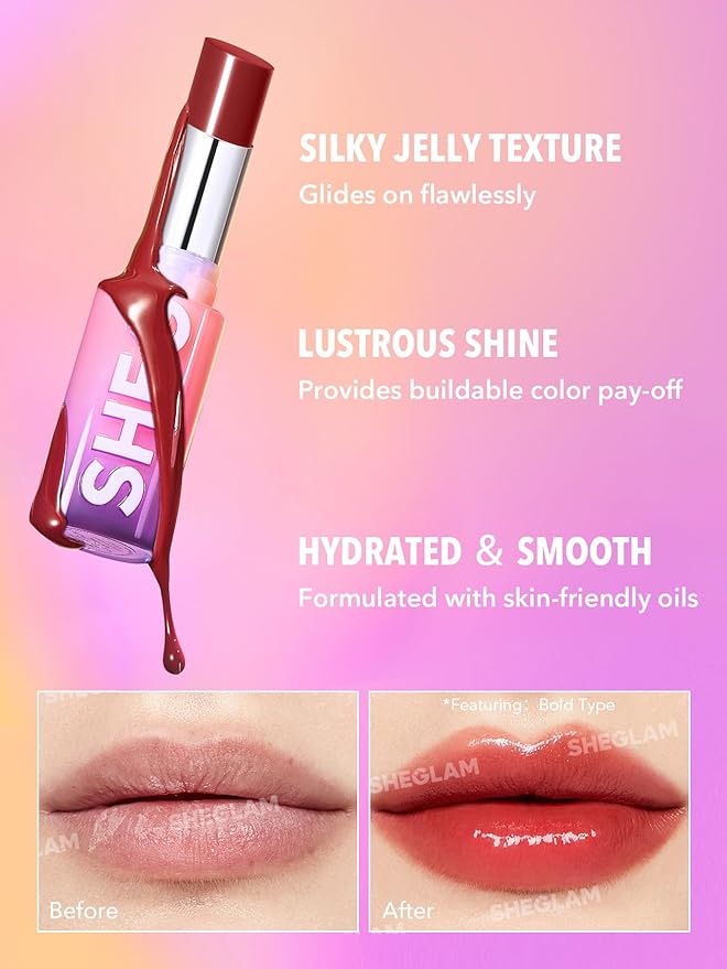 SHEGLAM Mirror Kiss High-Shine Lipstick Silky Jelly Texture Hydrated&Smooth Lip Gloss-Vibe Check