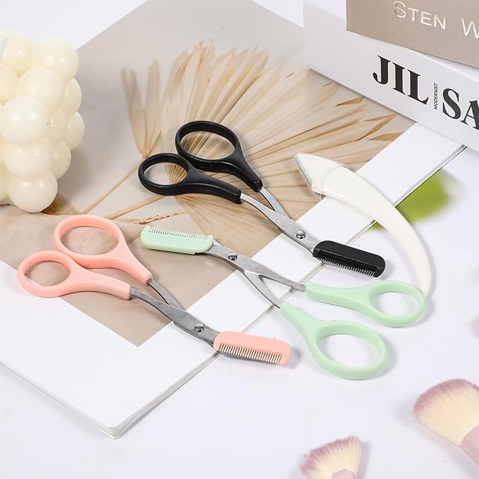 3 PCS Eyebrow Scissors with Comb for Women, Eyebrow Trimmer Scissors Stainless Steel Curved Eyebrow Razor Non Slip Finger Grips Face Hair Removal Tool Beauty Accessories for Men and Women