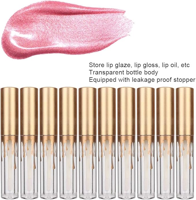 10 pcs Empty Lip Gloss Tubes, Transparent and Glod Plastic Lip Gloss Tube Containers DIY Lipstick Balm Travel Makeup Transparent Bottle With Matte Gold Cap Lip Gloss Bottles