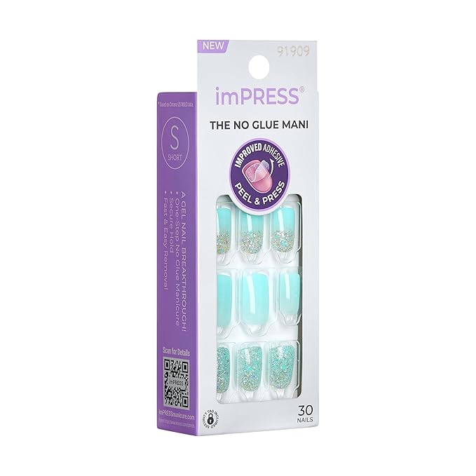 KISS imPRESS No Glue Mani Press-On Nails, Mini, 'Eternity', Medium Blue, Short Size, Squoval Shape, Includes 30 Nails, Prep Pad, Instructions Sheet, 1 Manicure Stick, 1 Mini File