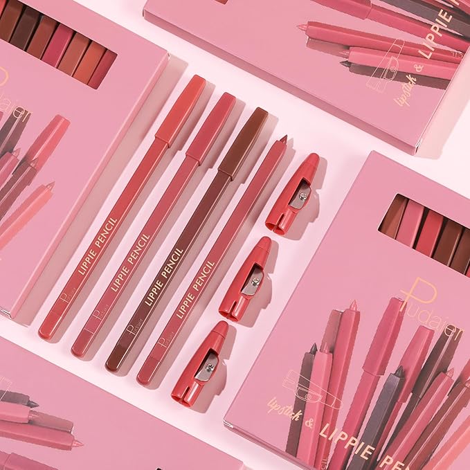 Pudaier Lip Liner Set, 12Pcs Matte Lip Liners with Sharpener, Premium Smooth and High Pigmented Creamy Lip Makeup Pencil