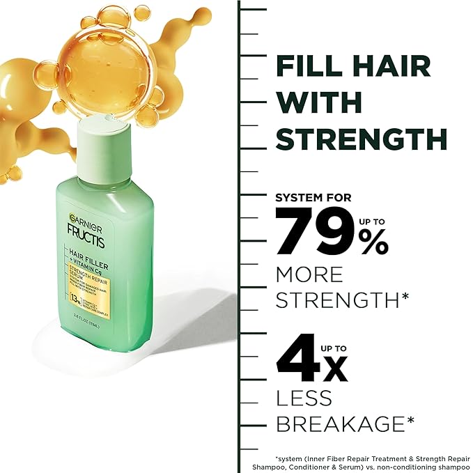 Garnier Fructis Hair Filler Strength Repair Serum Treatment with Vitamin Cg, Hair Serum for Weak, Damaged Split Ends, 3.8 Fl Oz, 1 Count