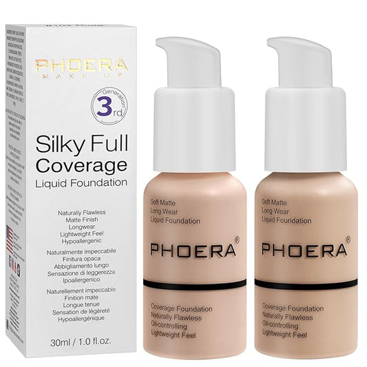PHOERA Foundation, PHOERA Matte Liquid Foundation,PHOERA Makeup for Concealer (101+102/Porcelain+Nude) 30ml