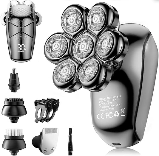 Detachable Head Shavers, SHPAVVER 5 in 1 Electric Razor IPX7 Waterproof for Bald Men, Wet Dry LED Display Rechargeable 7D Rotary Shaver Grooming Kit with Type C Charge A,Gray Black