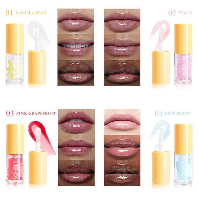 Hydrating Lip Oil, 4Pcs Plumping Lip Glow Oil Set, Fruit Extract Lip Oil Set Tinted for Dry Lip, Shiny and Moisturizing Transparent Lip Oil Gloss