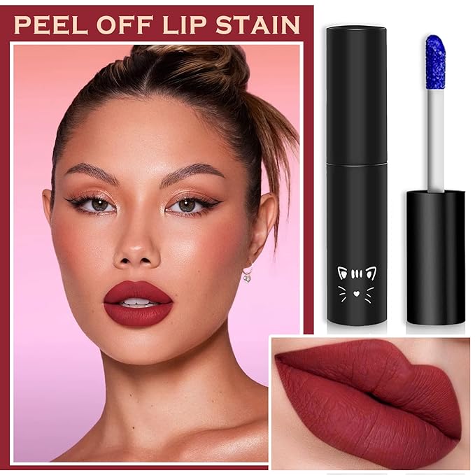 Peel Off Lip Stain Lip Tint Matte Liquid Lipstick Nude Lip Gloss Long Lasting Waterproof Lip Tint Stain Non-stick Cup Peel Off Lipstick Lip Makeup for Women Girls - 04