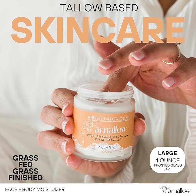 100% Grass Fed Beef Tallow for Skin Care - Face + Body - Whipped Moisturizer - Natural Lotion, 4 FL. oz. (Orange Creamsicle)