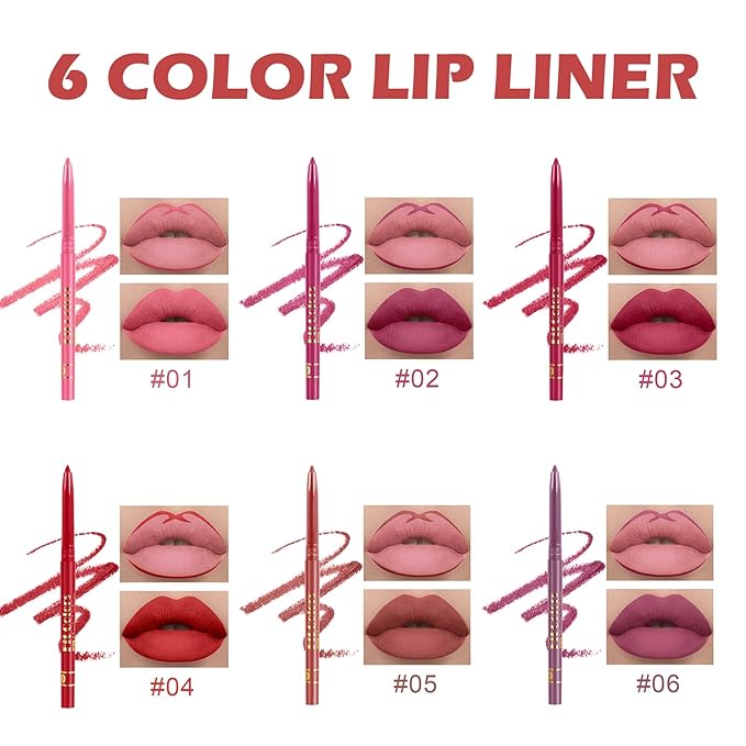 Lip Liner Set,6 Colors Non-Stick Cup Brown Pink Long