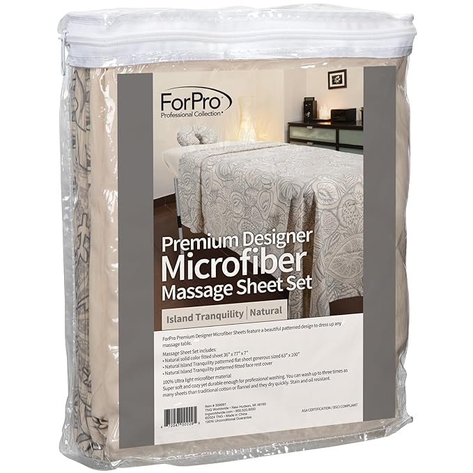 ForPro Premium Designer Microfiber 3-Piece Massage Sheet Set, Island Tranquility, Ultra-Light, Stain and Wrinkle-Resistant, Includes Massage Flat Sheet, Fitted Sheet and Face Rest Cover, Natural