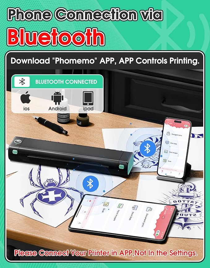 Phomemo M08F Wireless Tattoo Transfer Stencil Printer, Thermal Tattoo Machine with 10pcs Free Stencil Paper, Portable Printer Kit for Artists & Beginners, Compatible with Smartphone & PC