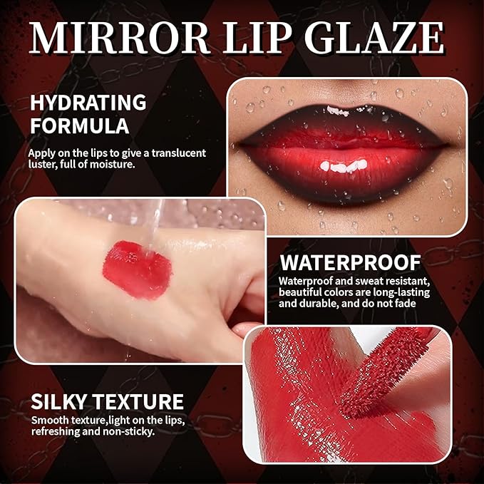 Vinyl Red Velvet Ink Liquid Lipstick with Black Lip Liner Gothic Lip Combo Halloween Makeup, Long Wear Waterproof Lip Gloss Non Sticky Moisturizing Lip Stain Tint Glossy Lip Color for Women