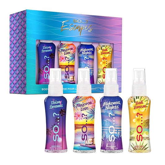 So...? Escapes Body Mist Set - Perfumes for Women - Everyday Body Spray for Women - Vegan, Cruelty Free Fragrances - Travel Size Gift Set - 4 pcs
