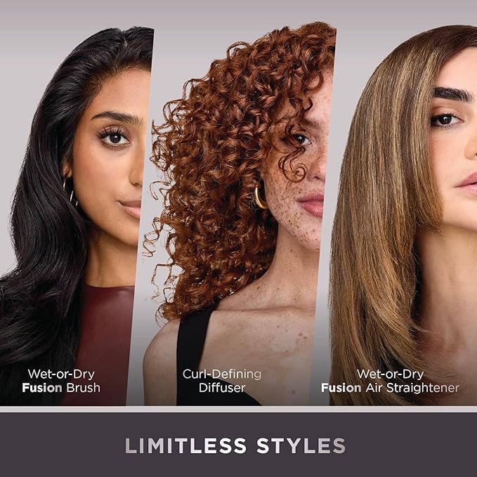 Shark FlexFusion Hair Straightener & Powerful Hair Dryer with Diffuser, Fusion Hair Brush, Ceramic Air Styler with Auto-Wrap Hair Curlers, Ceramic Plates, Cosmic Blush HD642S