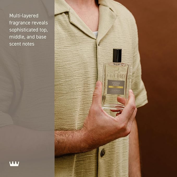 Cremo Cologne for Men - Vintage Suede Mens Cologne Spray- A Combination of White Moss, Rich Amber, and Smooth Suede, Fragrances For Men, 3.4 Fl Oz