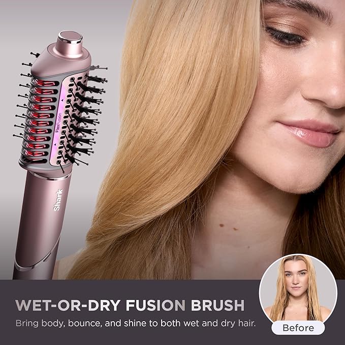 Shark FlexFusion Hair Straightener & Powerful Hair Dryer with Fusion Hair Brush, Ceramic Air Styler with Auto-Wrap Hair Curlers & Concentrator, Ceramic Plates, Cosmic Blush HD641S