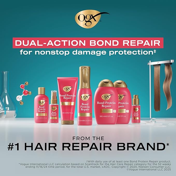 OGX Repair & Protect Bond Protein Repair 450°F Heat Protect Spray, Thermal Protection Spray for Targeted Damage Repair & Protection from Heat Damage, 6.5 fl. oz
