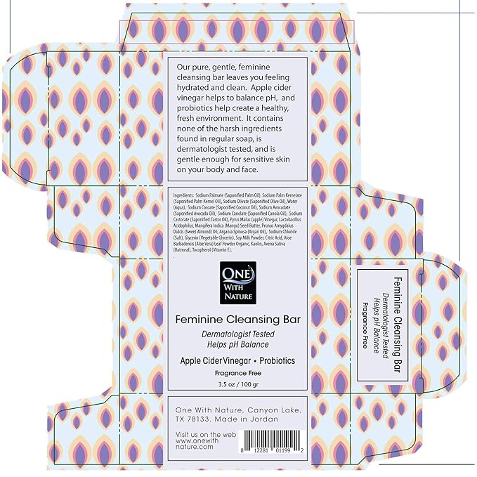 One With Nature Feminine Cleansing Bar 3Pack 3.5Oz - Fragrance-Free Feminine Soap Bar, Probiotics, Apple Cider Vinegar, Omega Fatty Acids, Oatmeal, Pure, Gentle Cleansing Bar for All Skin, Face, Body