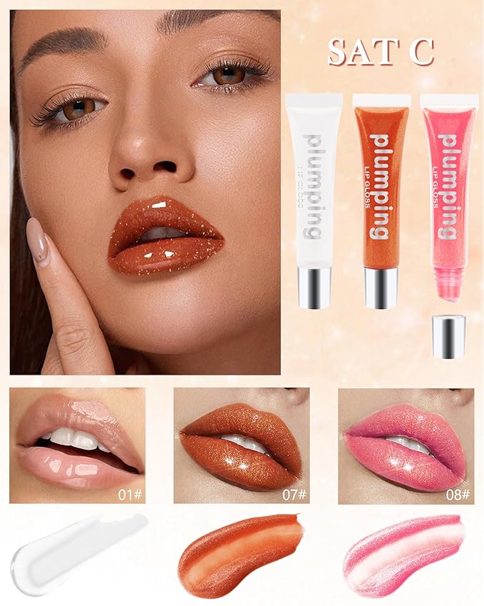 Hydrating Lip Glow Oil-3Pcs Tinted Plumping Lip Oil Lip Plumper, Moisturizing Smooth Lipgloss for Lip Care, Glossy Finish Clear Tint Shiny and Vegan Juicy Lip Gloss,Nourishing Non-Sticky Formula-Set C