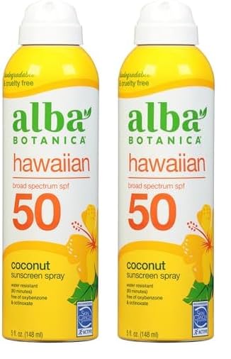Alba Botanica Sunscreen Spray for Face and Body, Broad Spectrum SPF 50 Sunscreen, Hawaiian Coconut, Water Resistant and Biodegradable, 5 fl. oz. Bottle (Pack of 2)
