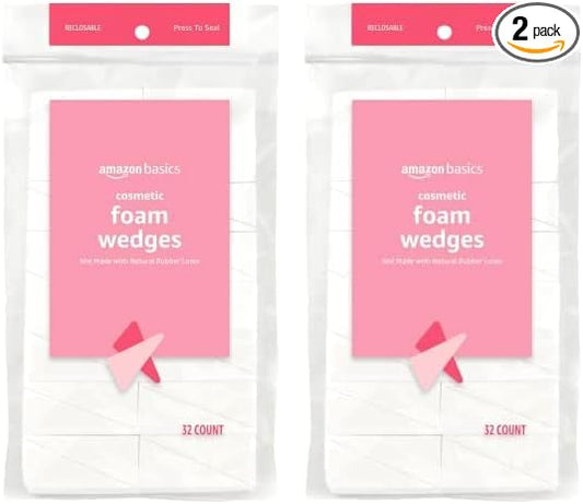 Amazon Basics Cosmetic Rectangular Foam Wedges For Makeup, 32 Count, White (Pack of 2)