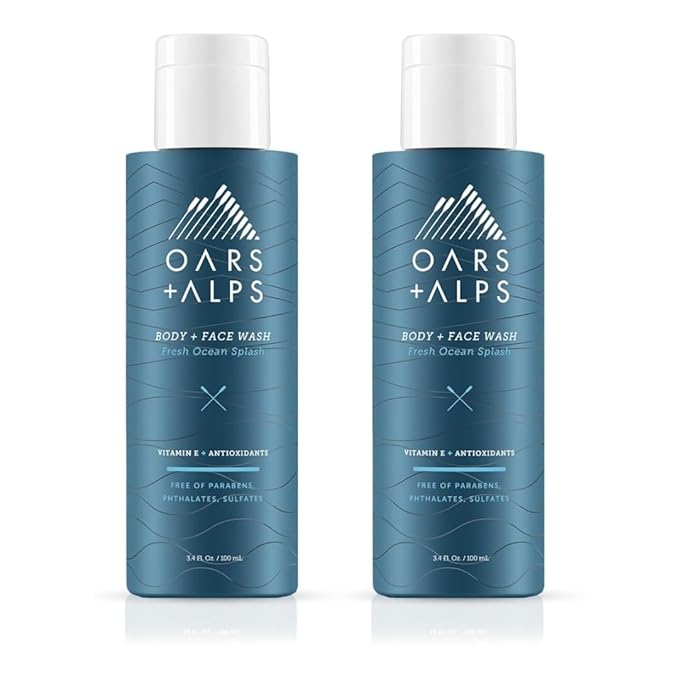 Oars + Alps Mens Moisturizing Body and Face Wash, Skin Care Infused with Vitamin E and Antioxidants, Sulfate Free, Fresh Ocean Splash, Travel Size 3.4oz, 2 Pack
