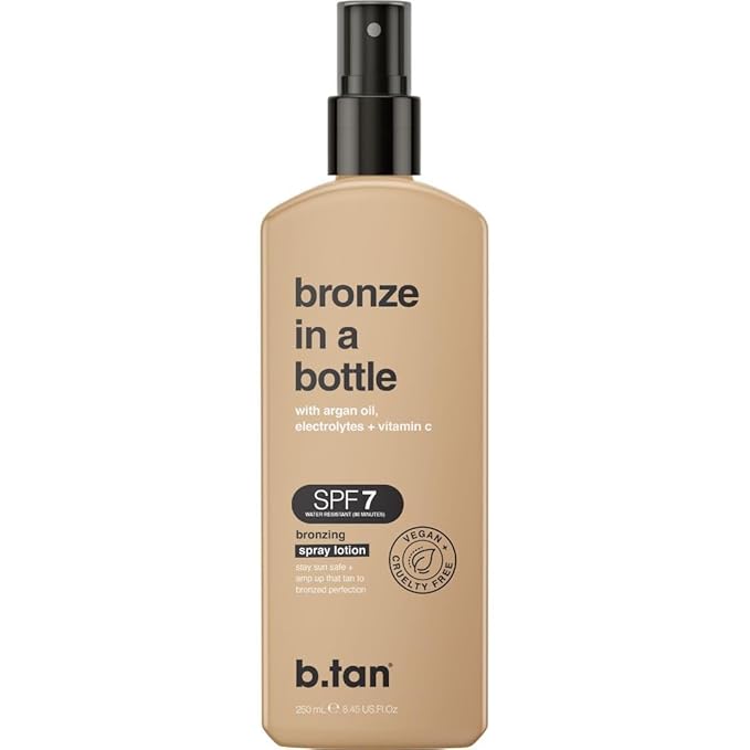 b.tan SPF 7 Sun Tanning Lotion Spray | Bronze In a Bottle - Outdoor Bronzing Spray Lotion, Packed with Argan Oil, Electrolytes, & Vitamin C, Vegan Friendly, Austrailian Brand, 8.45 Fl Oz