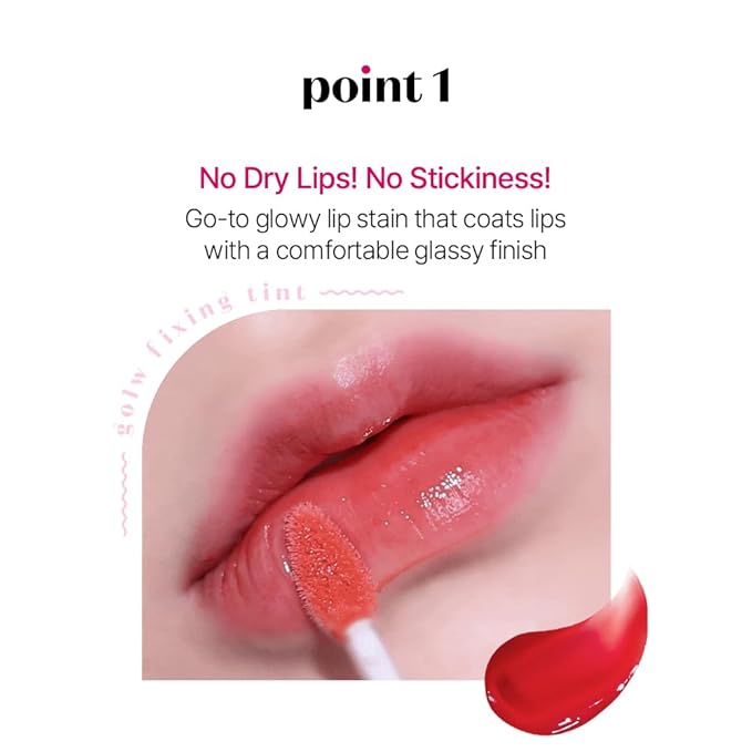 ETUDE Glow Fixing Tint #1 Pure Coral | Non-sticky Glossy Shine Lip stain | Fills up with comfortable moisture | Tinting for dry lips