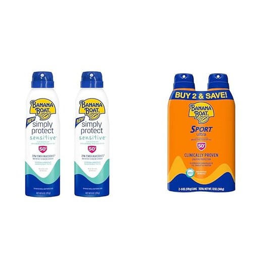 Banana Boat Mineral Enriched Sensitive Skin Sunscreen Spray SPF 50 Twin Pack and Sport Ultra Sunscreen Spray SPF 50 Twin Pack