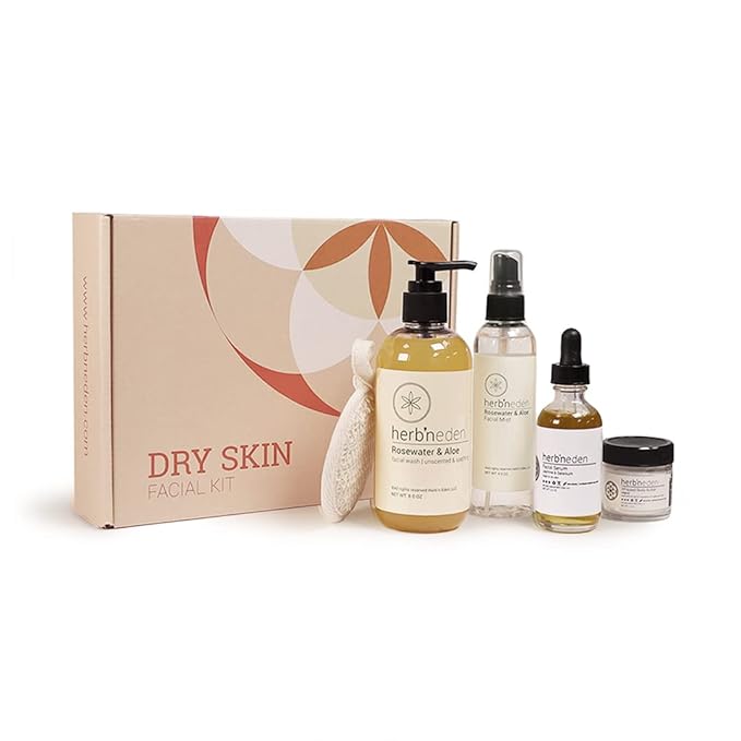 Herb’N Eden - Dry Skin Facial Kit - Cleanse, Mist, Moisturize, & Nourish - Natural Ingredients & Essential Oils - Made in USA - 5 Product Set includes Wash, Mist, Serum, Body Butter, Sisal