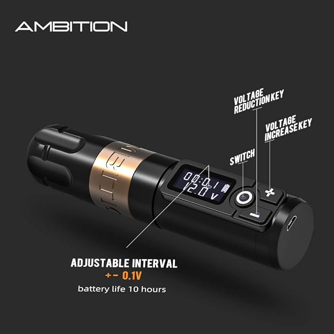Ambition Soldier Rotary Battery Pen Tattoo Cartridge Machine with 2400mAh Wireless Power Japan Coreless Motor Digital LED Display Tattoo Equipment Supply for Professionals and Beginners Tattoo Artists